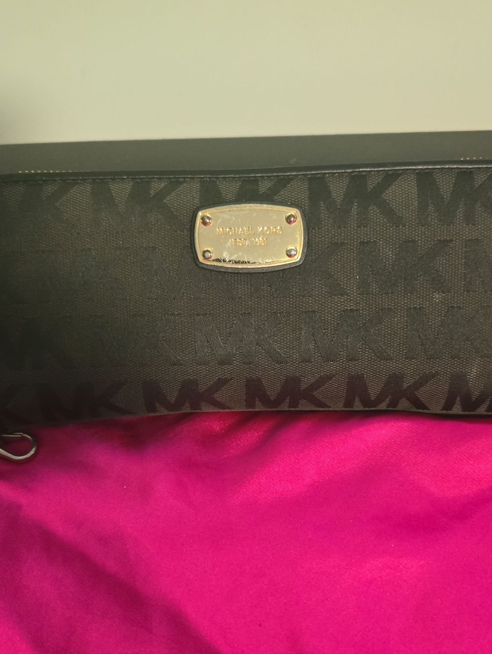Michael Kors Black Logo Wristlet with Gold Plaque